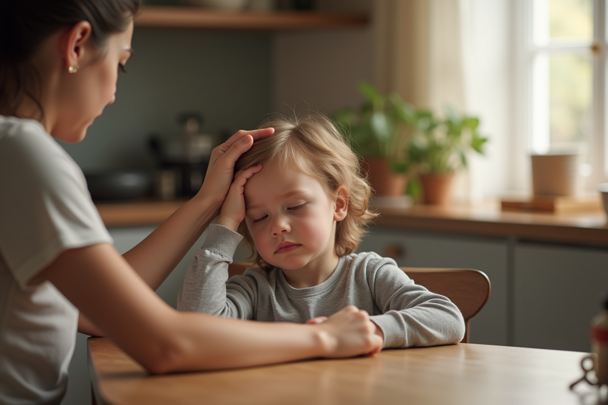 Enfant soutenu par un parent dans la cuisine
