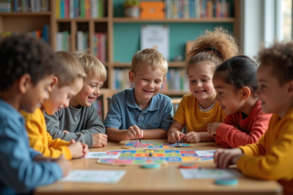 Groupe d enfants jouant à un jeu de société en classe