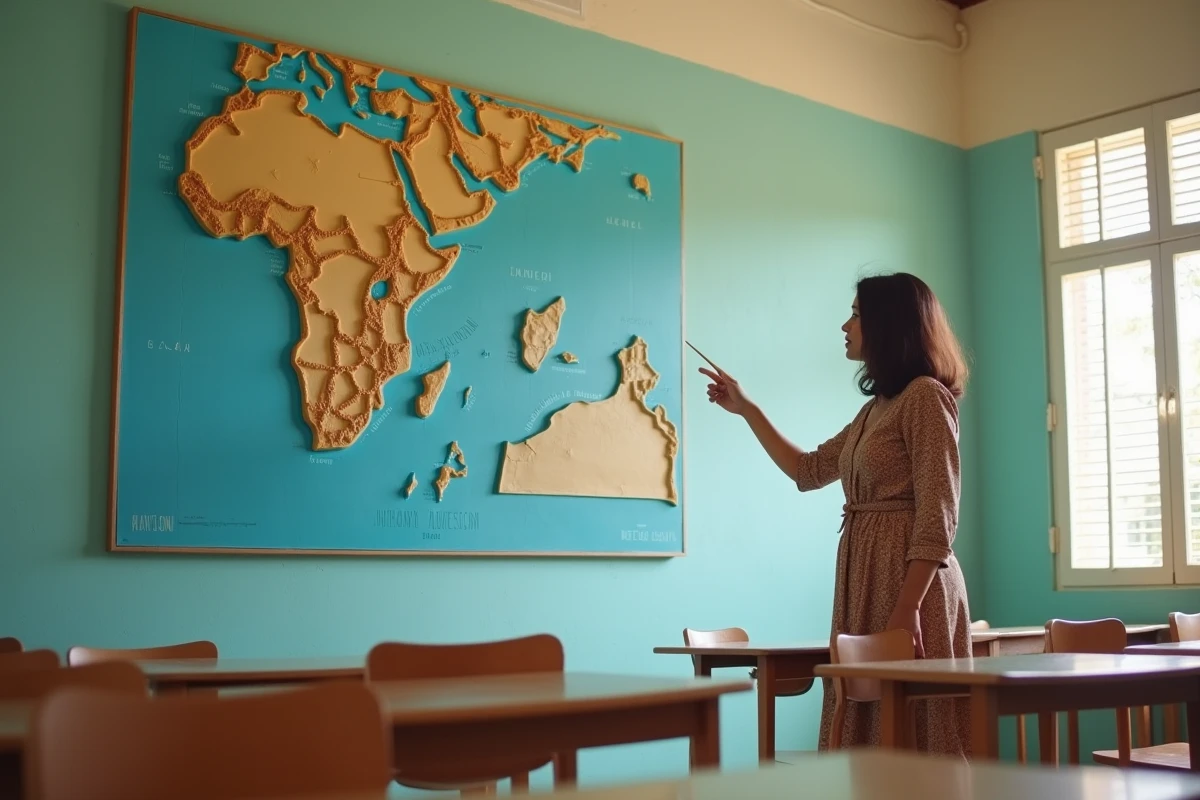 Enseignante devant une carte murale de l'océan Indien dans une salle de classe à Mayotte, montrant les zones maritimes