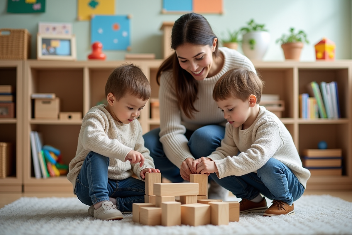 Enseignante aidant deux enfants à construire avec des blocs en classe