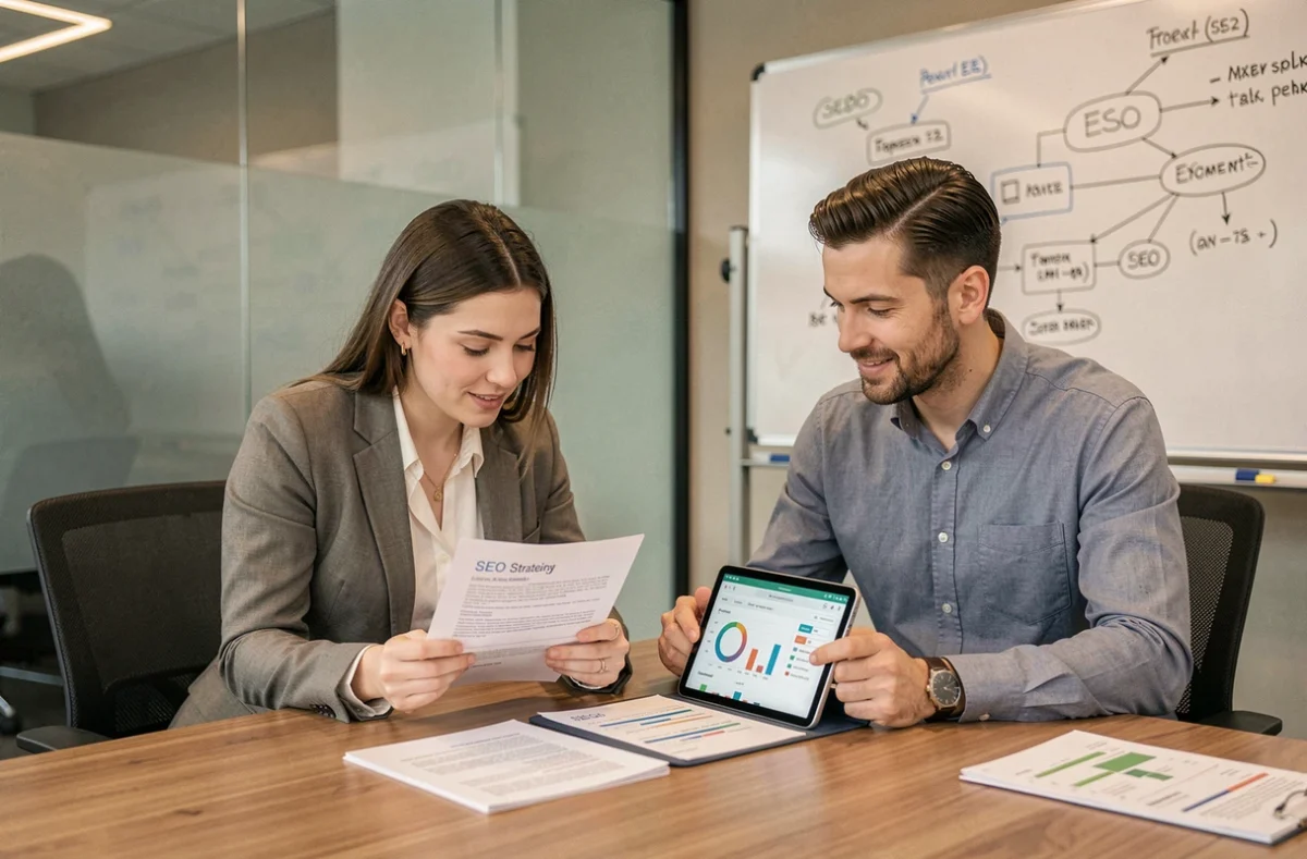 Deux professionnels du marketing analysant une stratégie SEO avec documents et tablette en salle de réunion