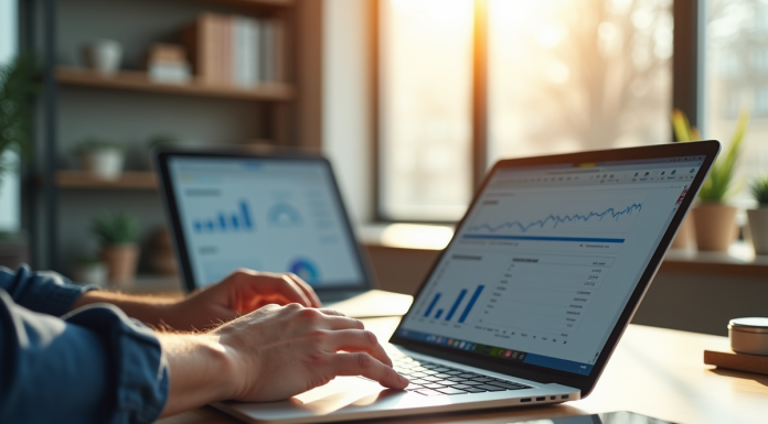 Espace de travail moderne avec ordinateur et tablette lumineux