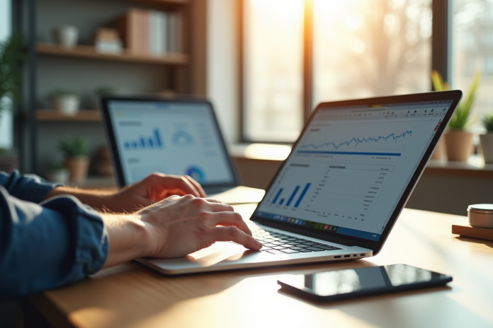 espace-travail-numerique Espace de travail moderne avec ordinateur et tablette lumineux