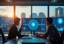 Espace de travail moderne avec professionnels et écrans blockchain