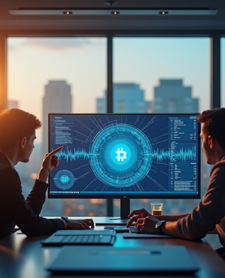 Espace de travail moderne avec professionnels et écrans blockchain