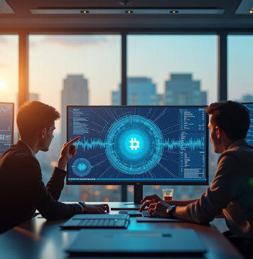 Avenir de la blockchain : innovation technologique ou simple engouement ? Espace de travail moderne avec professionnels et écrans blockchain