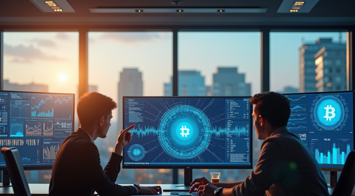 Espace de travail moderne avec professionnels et écrans blockchain