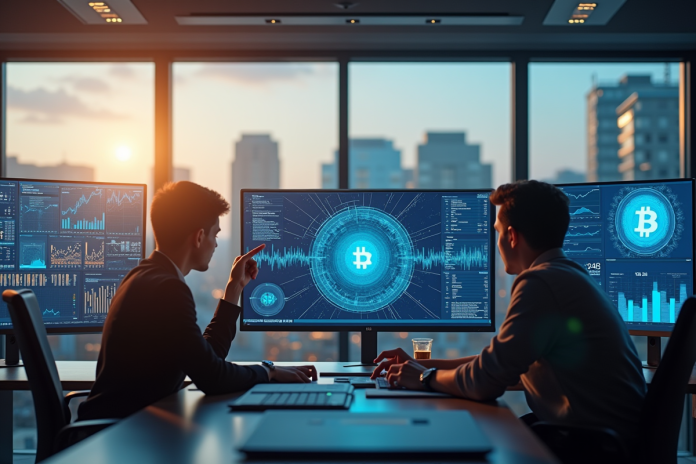 Espace de travail moderne avec professionnels et écrans blockchain