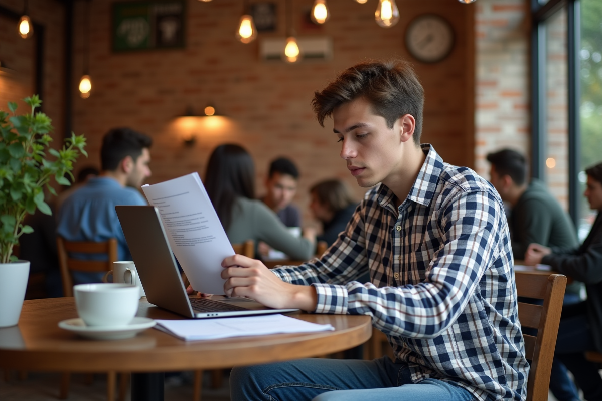 Etudiant au café utilise ChatGPT et manuel pour ses recherches