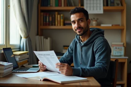 Étudiant musulman consultant un horaire de Ramadan à Lyon dans sa chambre universitaire