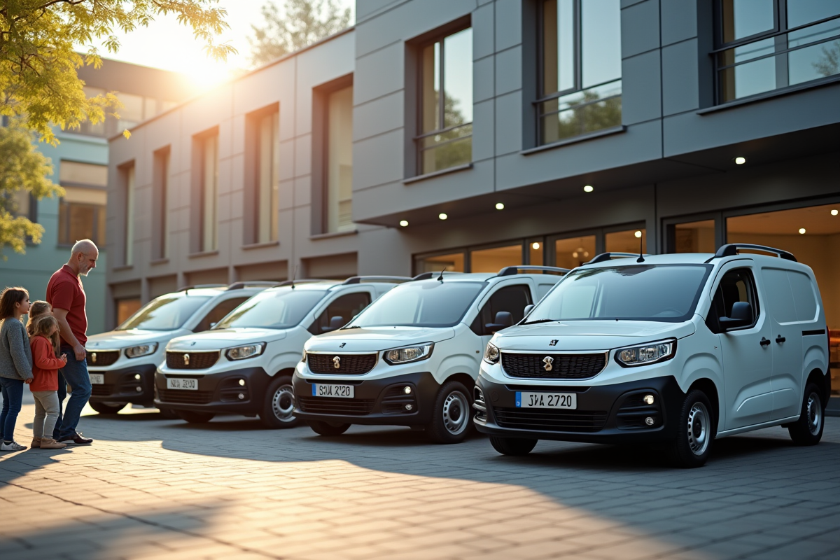 Trois générations regardant des Peugeot Partner anciens et modernes