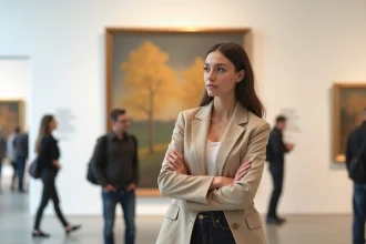 Femme admirant une exposition d'art contemporain dans un musée de Lyon en 2026