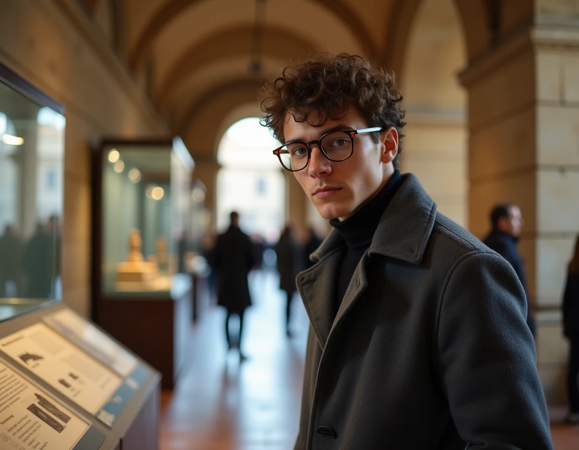 Jeune homme lisant un panneau d'exposition dans un musée historique du Vieux-Lyon