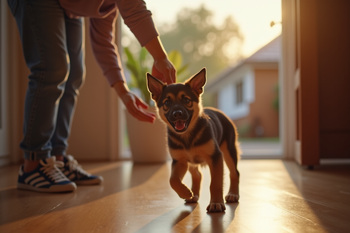 Famille accueillant un chiot berger allemand dans leur maison