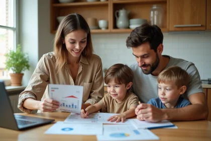 Famille réunie autour d'une table pour analyser leurs économies grâce à l'offre Avis Rend Gratuit