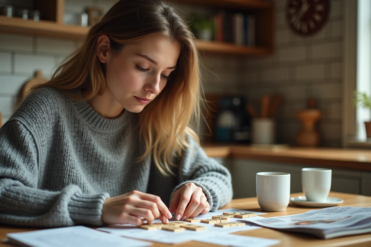 Femme concentrée arrangeant des lettres de scrabble pour trouver des anagrammes sur une table en bois