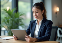 Jeune femme professionnelle analysant des graphiques ETF dans un bureau moderne