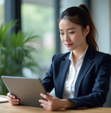 Jeune femme professionnelle analysant des graphiques ETF dans un bureau moderne