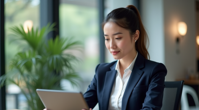 Jeune femme professionnelle analysant des graphiques ETF dans un bureau moderne