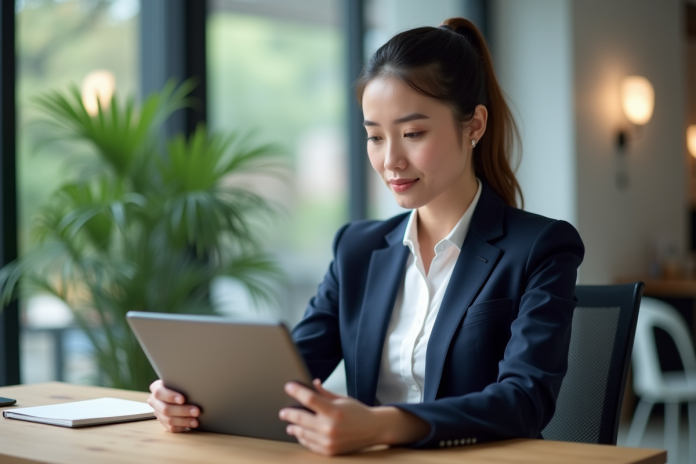 Jeune femme professionnelle analysant des graphiques ETF dans un bureau moderne