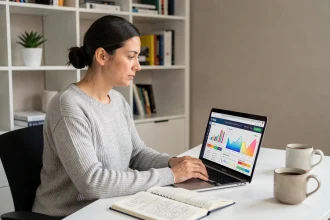 Femme analysant des données SEO sur un ordinateur portable avec des graphiques de mots-clés et de classement