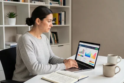 Femme analysant des données SEO sur un ordinateur portable avec des graphiques de mots-clés et de classement