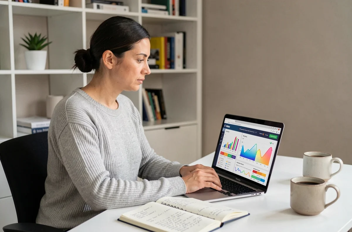 Femme analysant des données SEO sur un ordinateur portable avec des graphiques de mots-clés et de classement