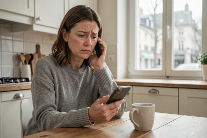 Femme tenant son téléphone avec une expression méfiante face à un appel inconnu au 0270