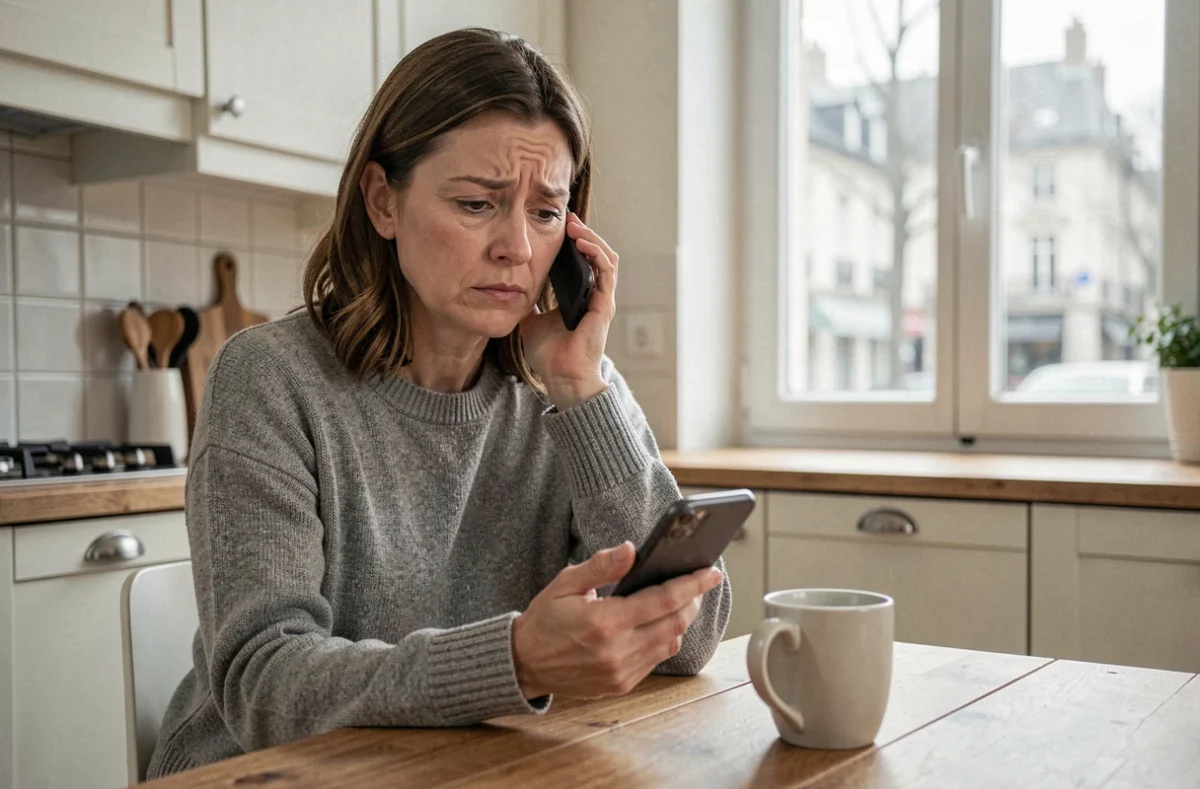 Femme tenant son téléphone avec une expression méfiante face à un appel inconnu au 0270