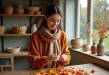 Tableau feuilles sèches : astuces pour créer une déco automnale originale Femme en pull ocre arrangeant des feuilles d'automne