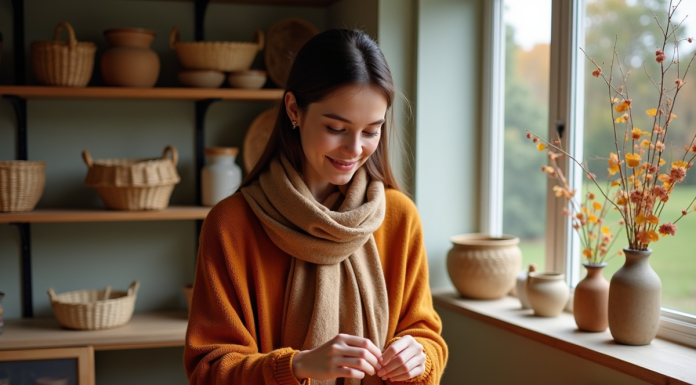 Femme en pull ocre arrangeant des feuilles d'automne