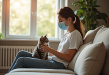 Jeune femme portant un masque en nettoyant un chat