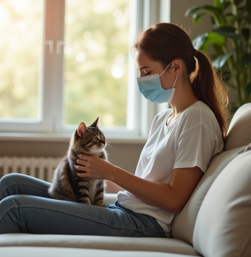 Jeune femme portant un masque en nettoyant un chat