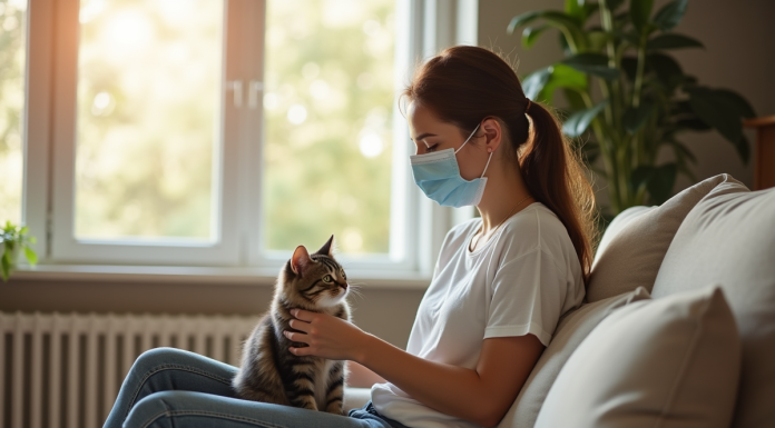 Jeune femme portant un masque en nettoyant un chat