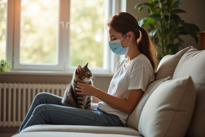 femme-avec-chat-masque Jeune femme portant un masque en nettoyant un chat