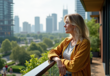 Femme méditative sur balcon avec ville verte en arrière-plan