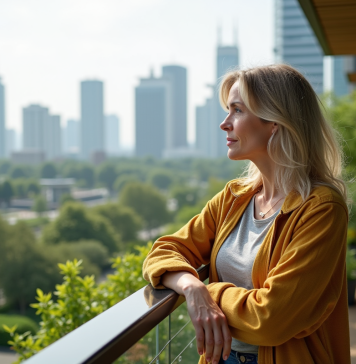 Meilleurs endroits pour vivre en 2050 : quel monde ? Femme méditative sur balcon avec ville verte en arrière-plan
