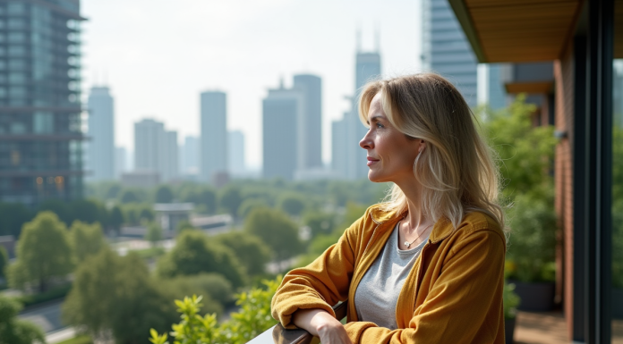 Femme méditative sur balcon avec ville verte en arrière-plan