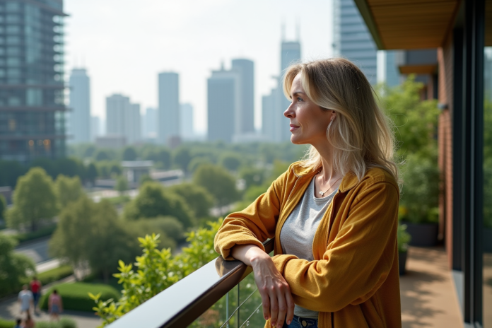 Femme méditative sur balcon avec ville verte en arrière-plan