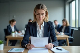 Femme professionnelle relisant une lettre formelle à son bureau pour éviter les erreurs de formule de politesse