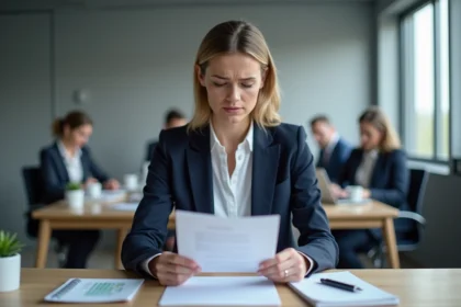 Femme professionnelle relisant une lettre formelle à son bureau pour éviter les erreurs de formule de politesse