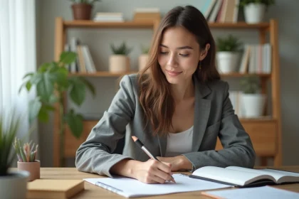 Jeune femme au bureau prenant des notes dans un environnement lumineux