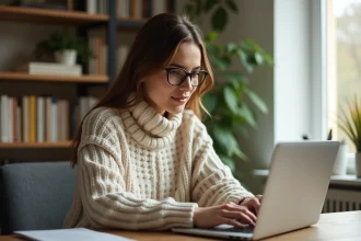 Jeune femme concentrée travaillant sur son ordinateur dans un bureau cosy