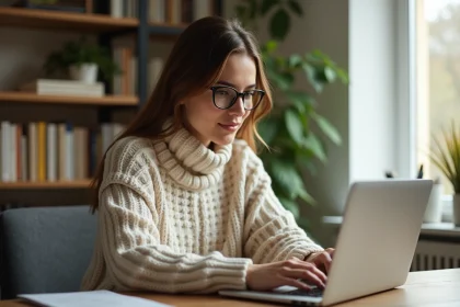 Jeune femme concentrée travaillant sur son ordinateur dans un bureau cosy