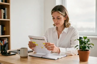 Femme consultant un calendrier avec jours fériés surlignés dans un bureau à domicile