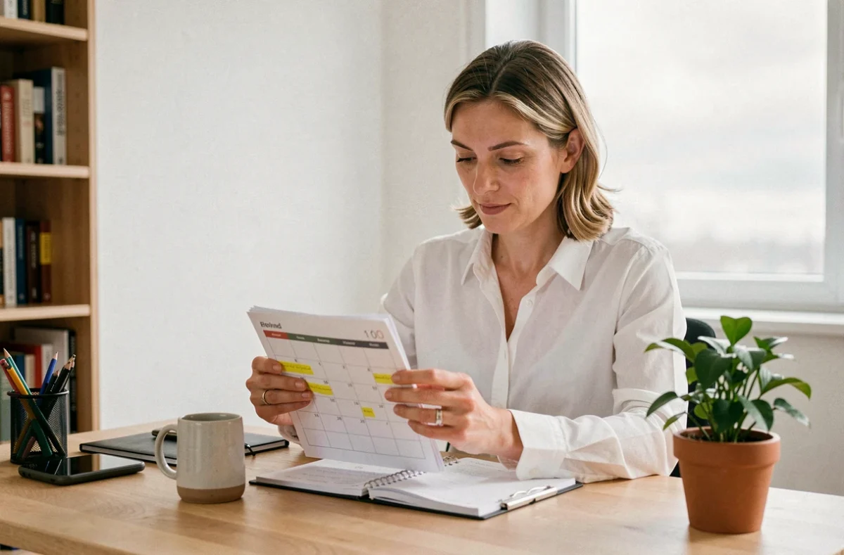 Femme consultant un calendrier avec jours fériés surlignés dans un bureau à domicile