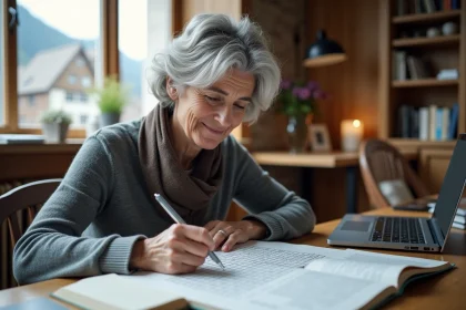 Femme d'&acirc;ge moyen r&eacute;solvant un puzzle crois&eacute; &agrave; son bureau