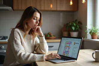 Jeune femme concentrée sur son ordinateur dans la cuisine