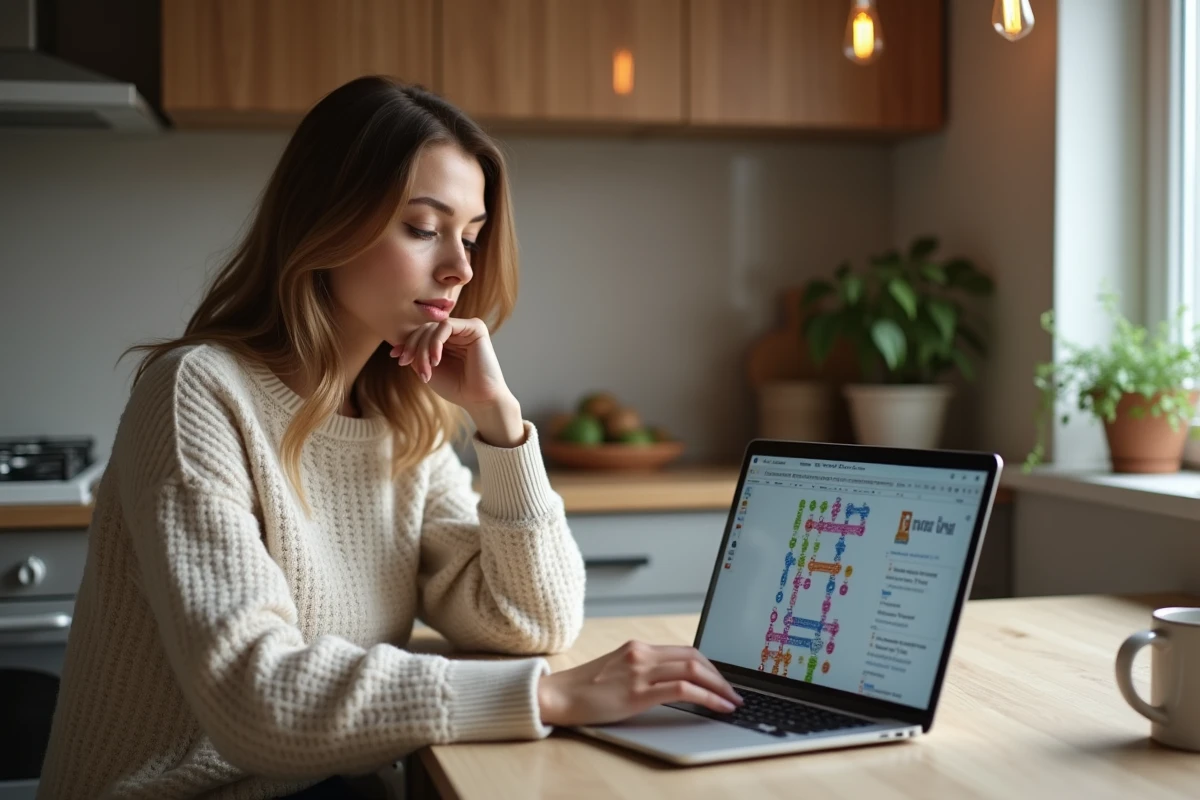 Jeune femme concentrée sur son ordinateur dans la cuisine