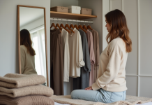 Femme sélectionnant des vêtements dans une garde-robe capsule élégante